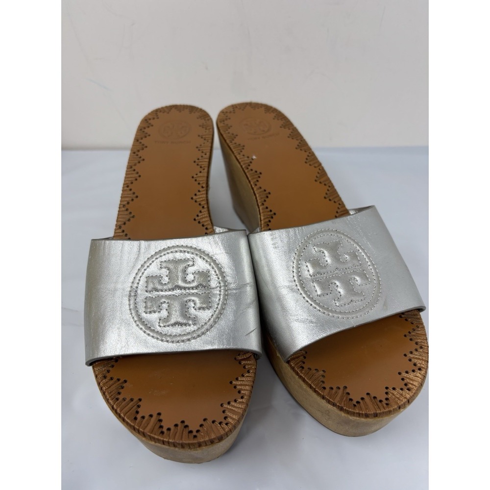 Tory Burch Patty Leather Platform Wedge Slide Sandals Silver Gray Size 10 M